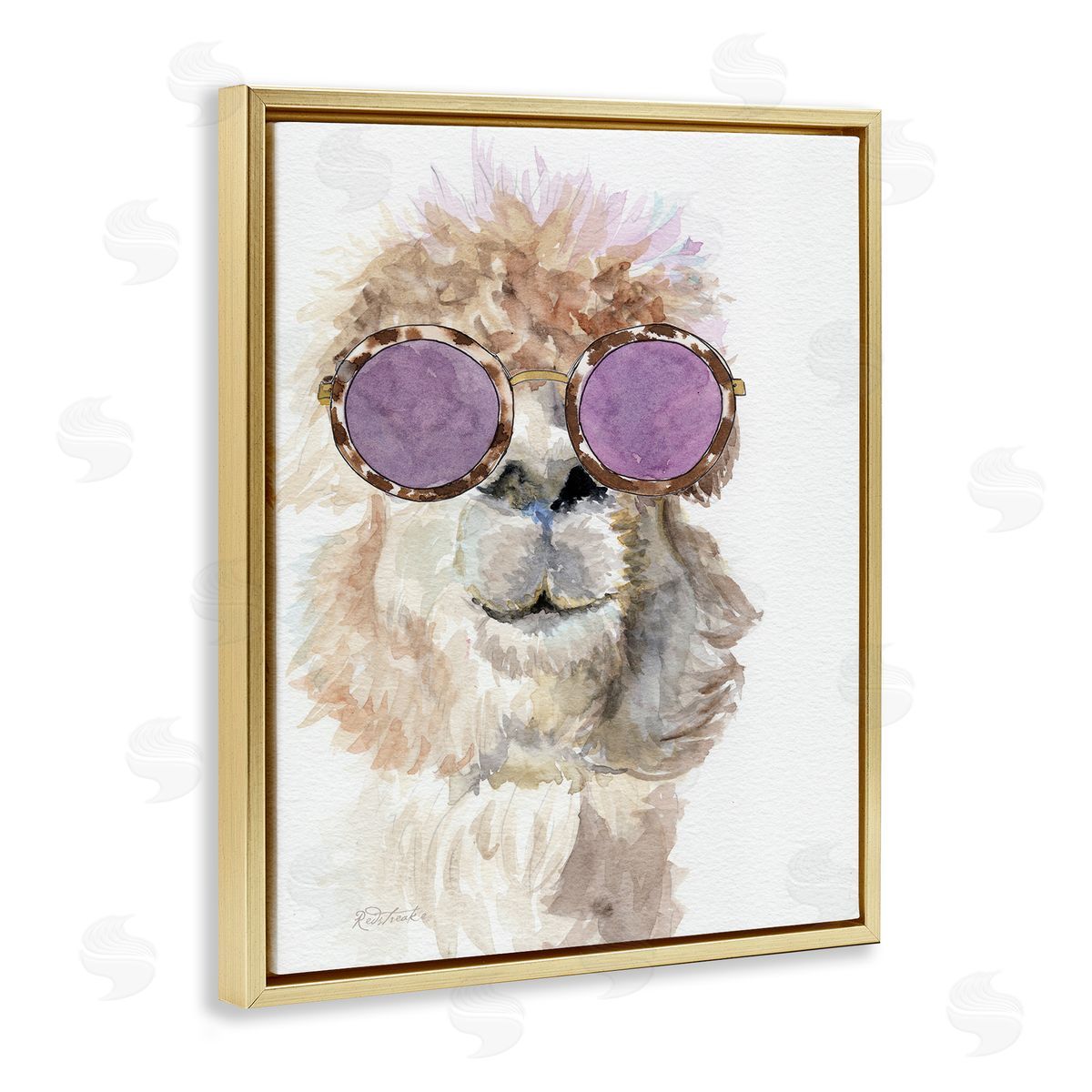 Jennifer Redstreake Fluffy Alpaca Fun Purple Glam Sunglasses Portrait Gold Floating Frame Canvas Wall Art Print