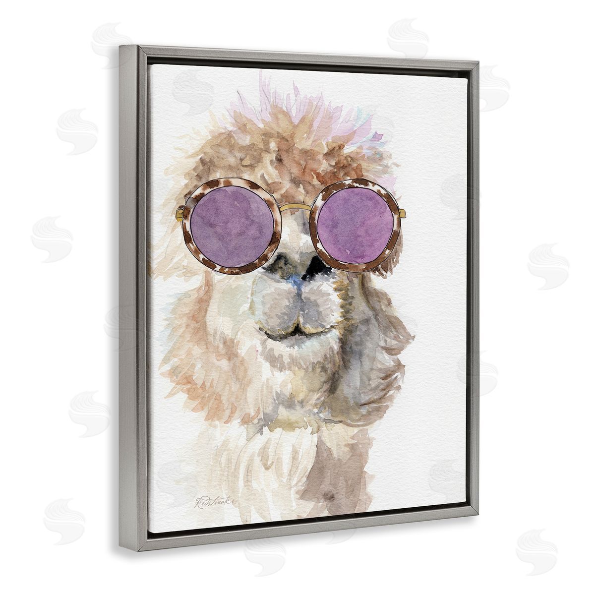 Jennifer Redstreake Fluffy Alpaca Fun Purple Glam Sunglasses Portrait Gray Floating Frame Canvas Wall Art Print