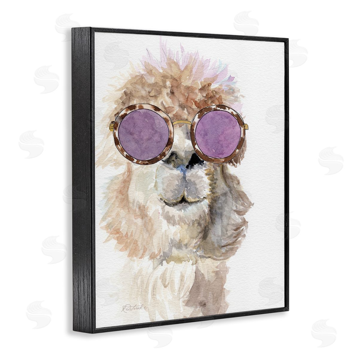 Jennifer Redstreake Fluffy Alpaca Fun Purple Glam Sunglasses Portrait Black Framed Giclee Wall Art Print