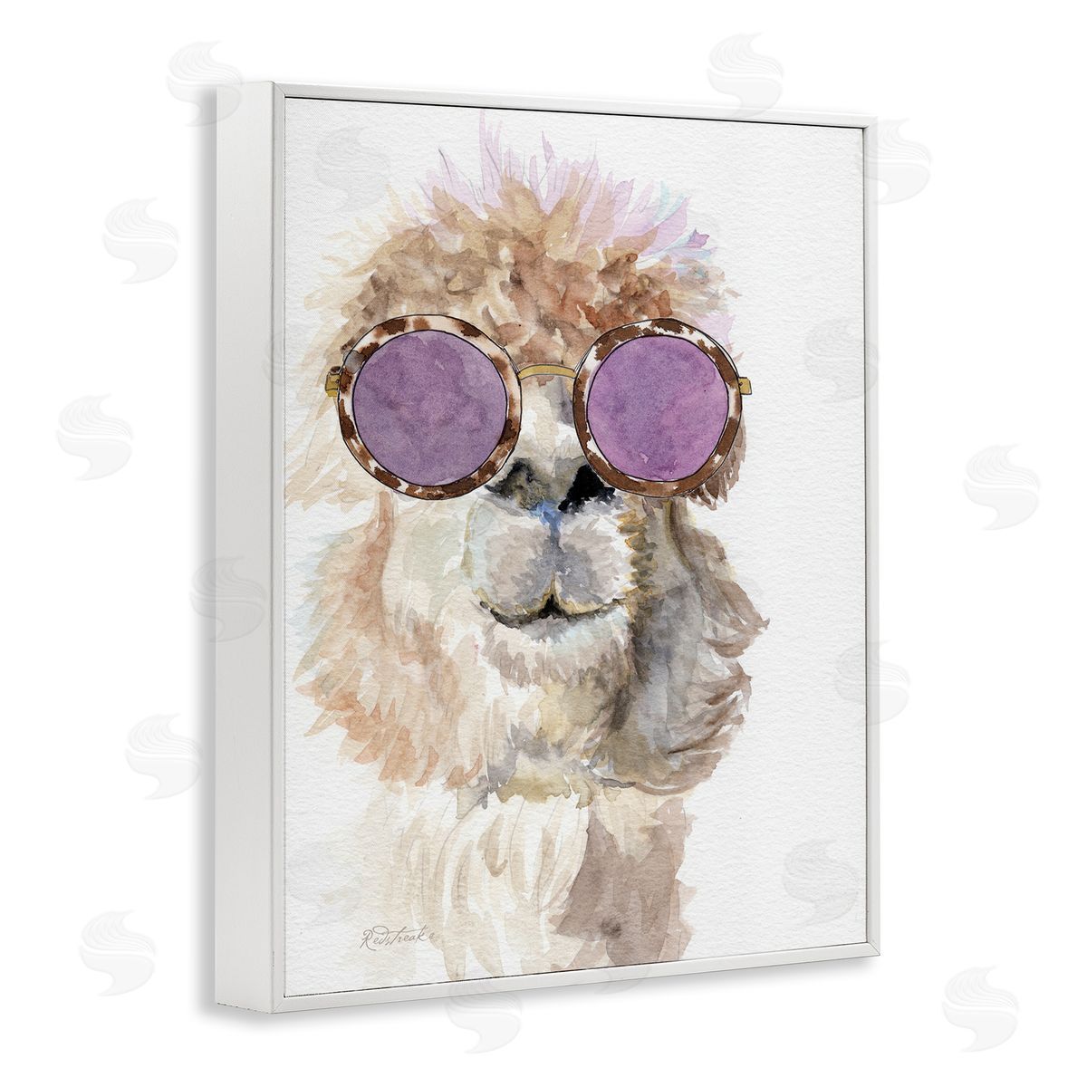 Jennifer Redstreake Fluffy Alpaca Fun Purple Glam Sunglasses Portrait White Framed Giclee Wall Art Print