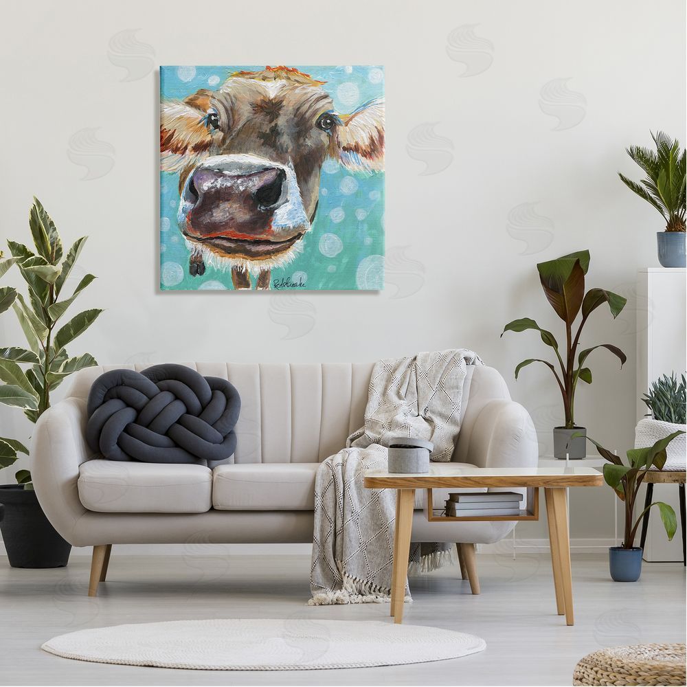 Jennifer Redstreake Bold Cow Cattle Portrait Blue Bubbles Pattern  Canvas Wall Art in Room