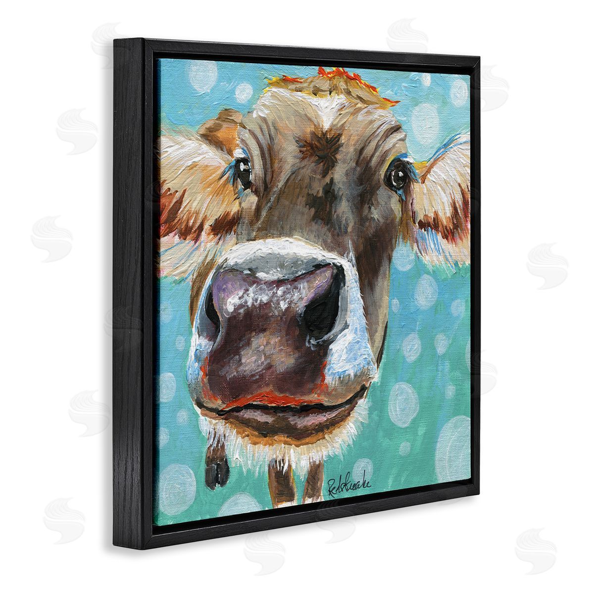 Jennifer Redstreake Bold Cow Cattle Portrait Blue Bubbles Pattern  Black Floating Frame Canvas Wall Art Print