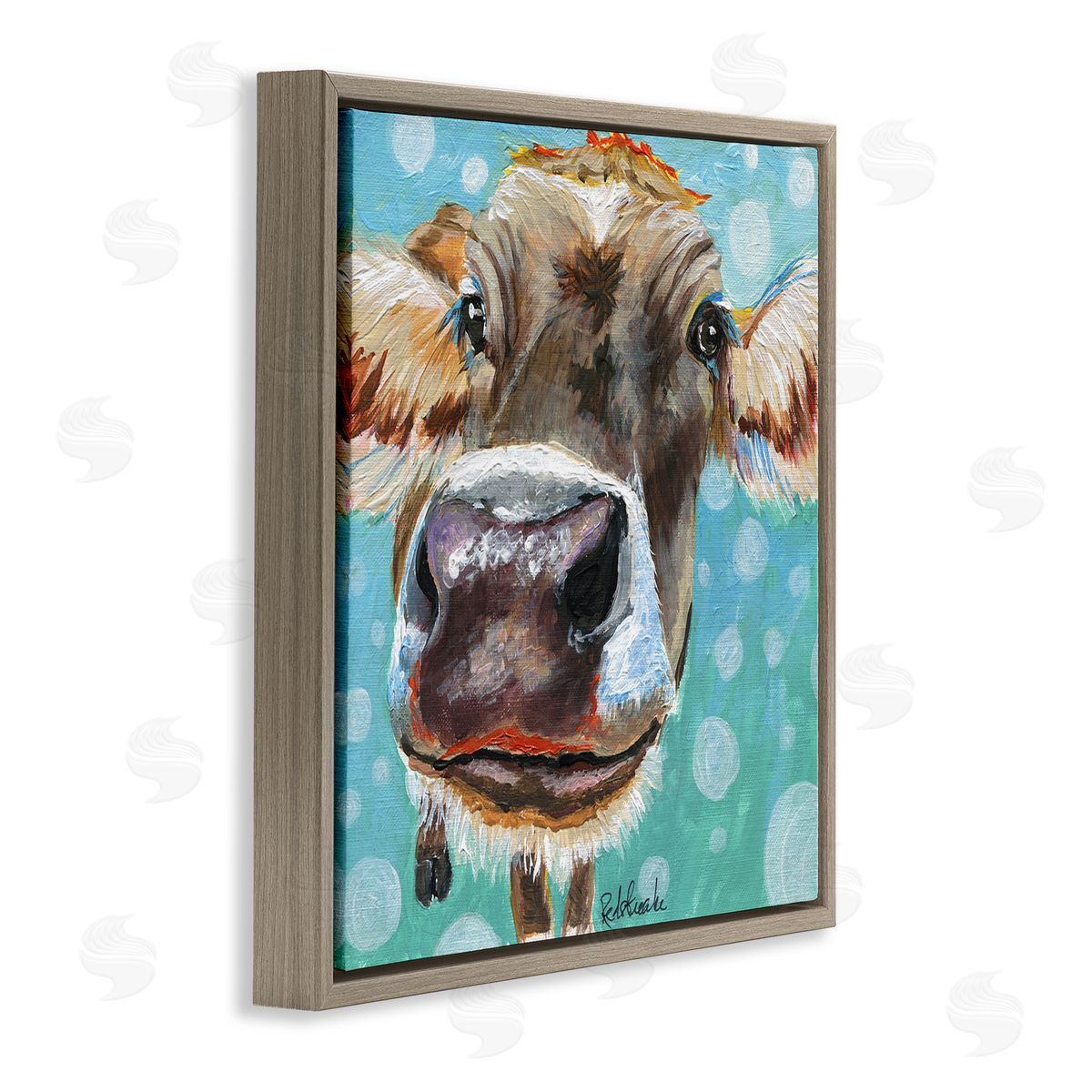 Jennifer Redstreake Bold Cow Cattle Portrait Blue Bubbles Pattern  Brown Floating Frame Canvas Wall Art Print