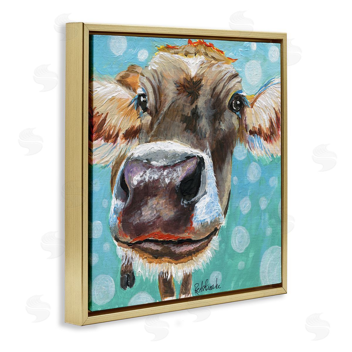Jennifer Redstreake Bold Cow Cattle Portrait Blue Bubbles Pattern  Gold Floating Frame Canvas Wall Art Print