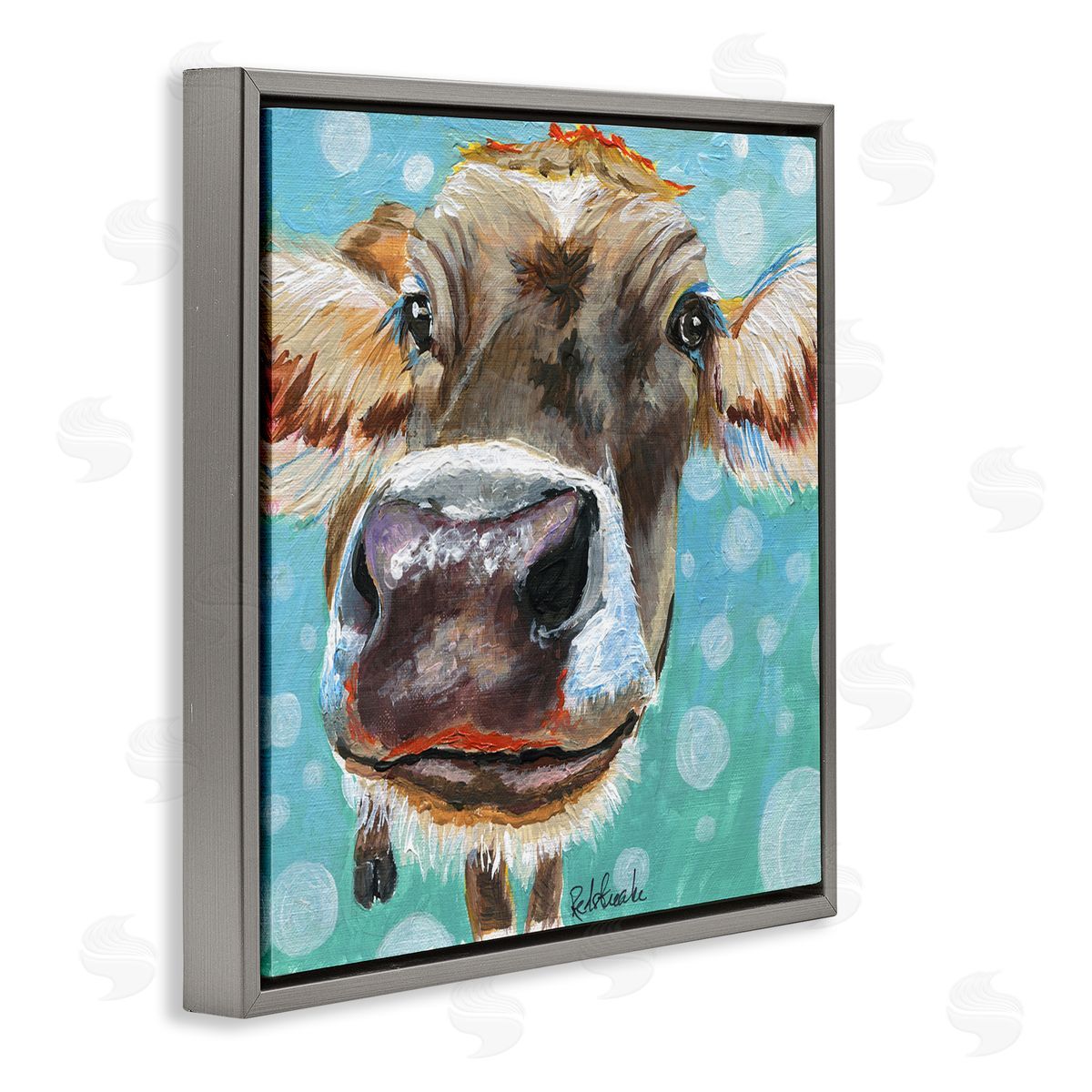 Jennifer Redstreake Bold Cow Cattle Portrait Blue Bubbles Pattern  Gray Floating Frame Canvas Wall Art Print