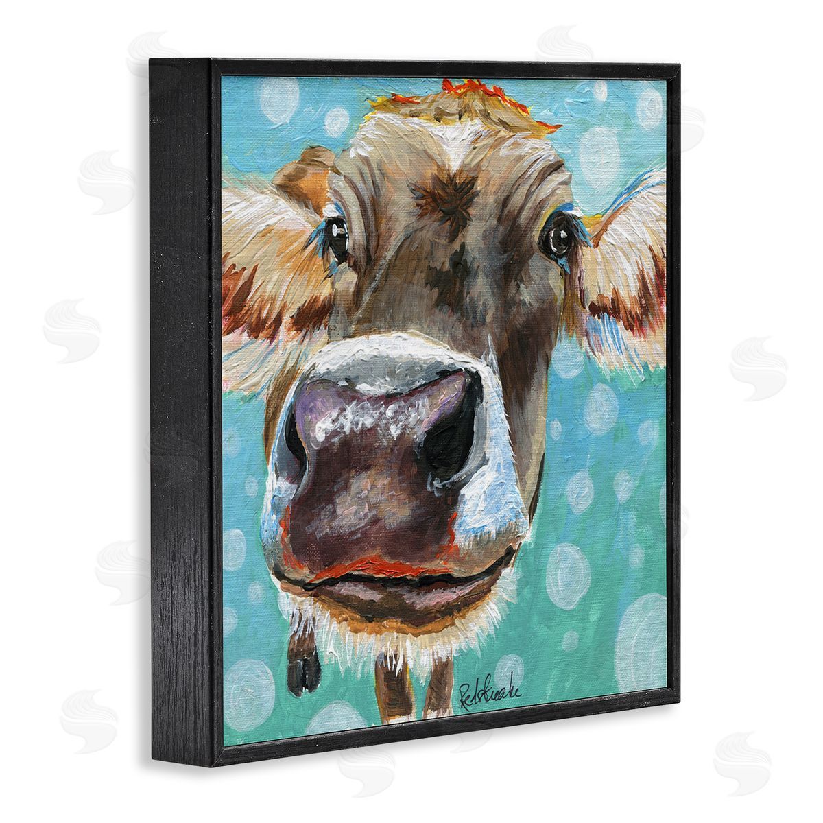 Jennifer Redstreake Bold Cow Cattle Portrait Blue Bubbles Pattern  Black Framed Glicee Wall Art Print