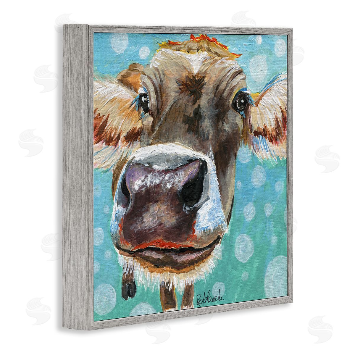 Jennifer Redstreake Bold Cow Cattle Portrait Blue Bubbles Pattern  Gray Framed Glicee Wall Art Print