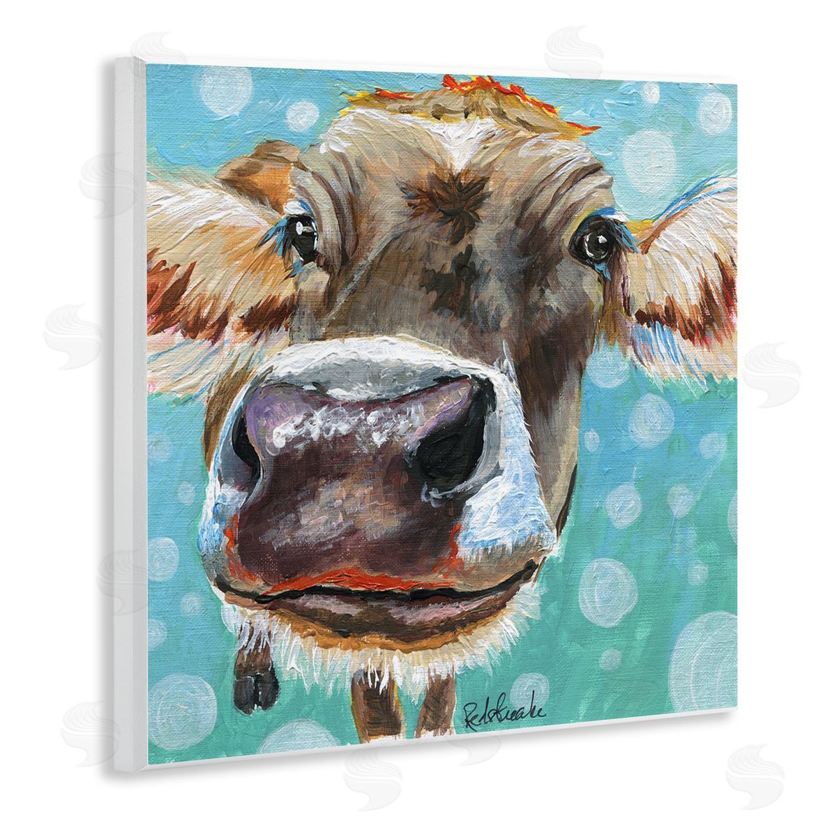 Jennifer Redstreake Bold Cow Cattle Portrait Blue Bubbles Pattern  Wooden Wall Plaque Art Print