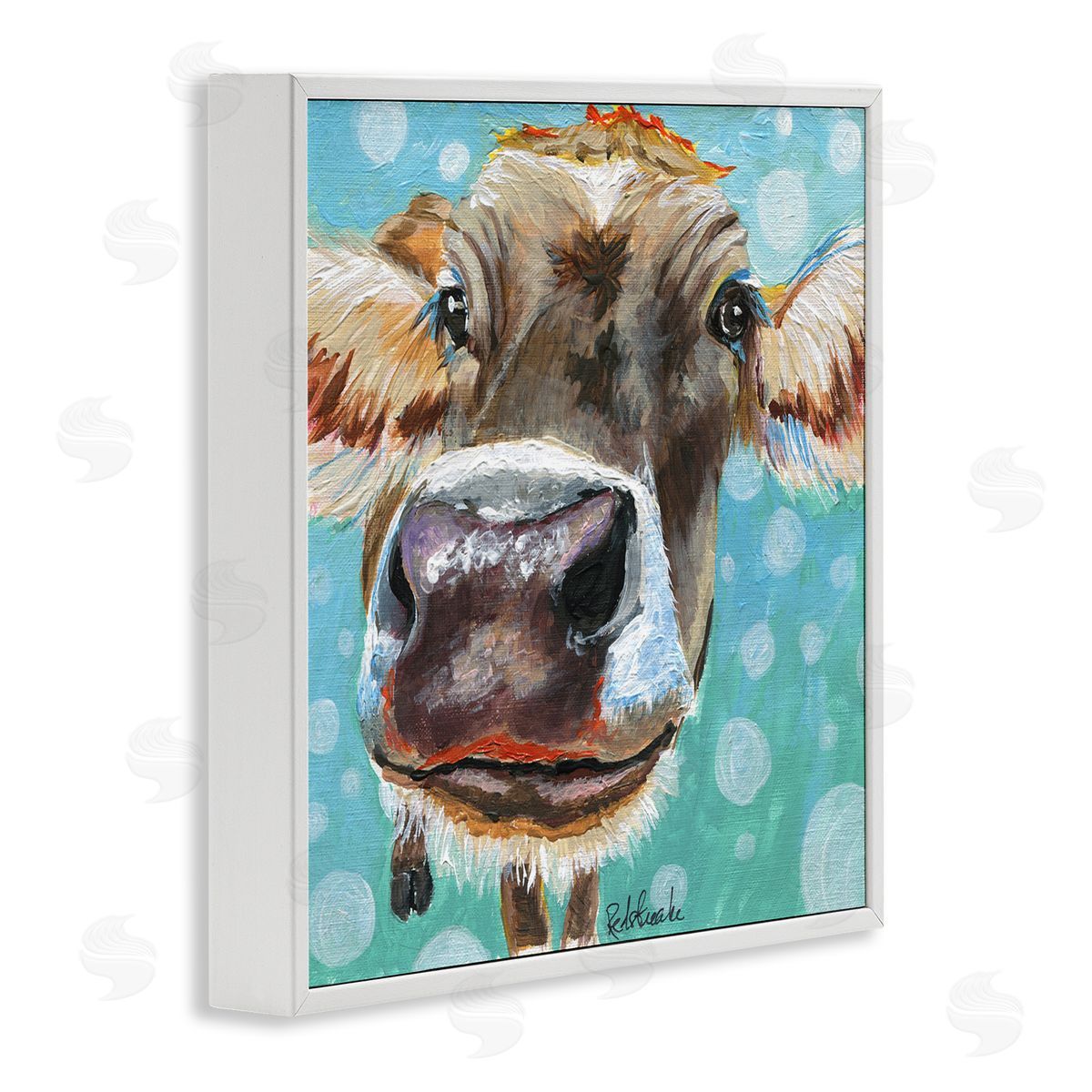 Jennifer Redstreake Bold Cow Cattle Portrait Blue Bubbles Pattern  White Framed Glicee Wall Art Print