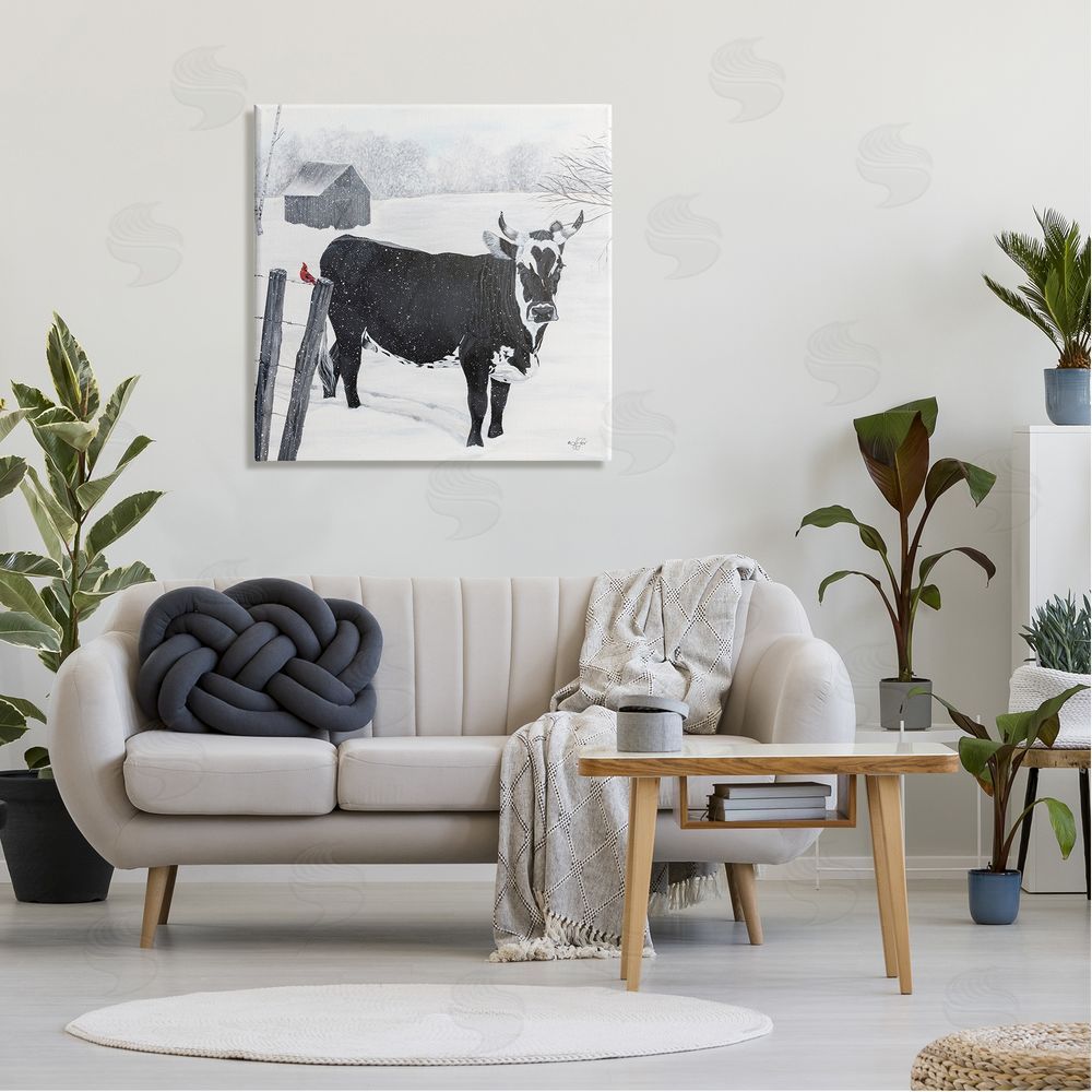 Diane Fifer Black Farm Cow Niveous Snow Covered Field Canvas Wall Art in Room