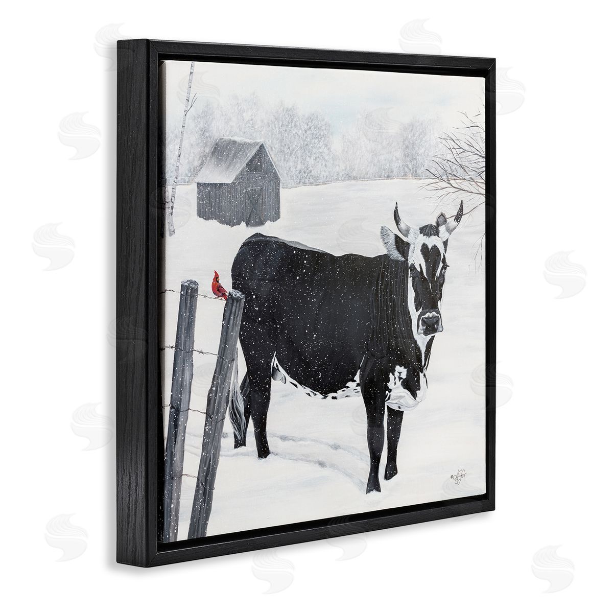 Diane Fifer Black Farm Cow Niveous Snow Covered Field Black Floating Frame Canvas Wall Art Print
