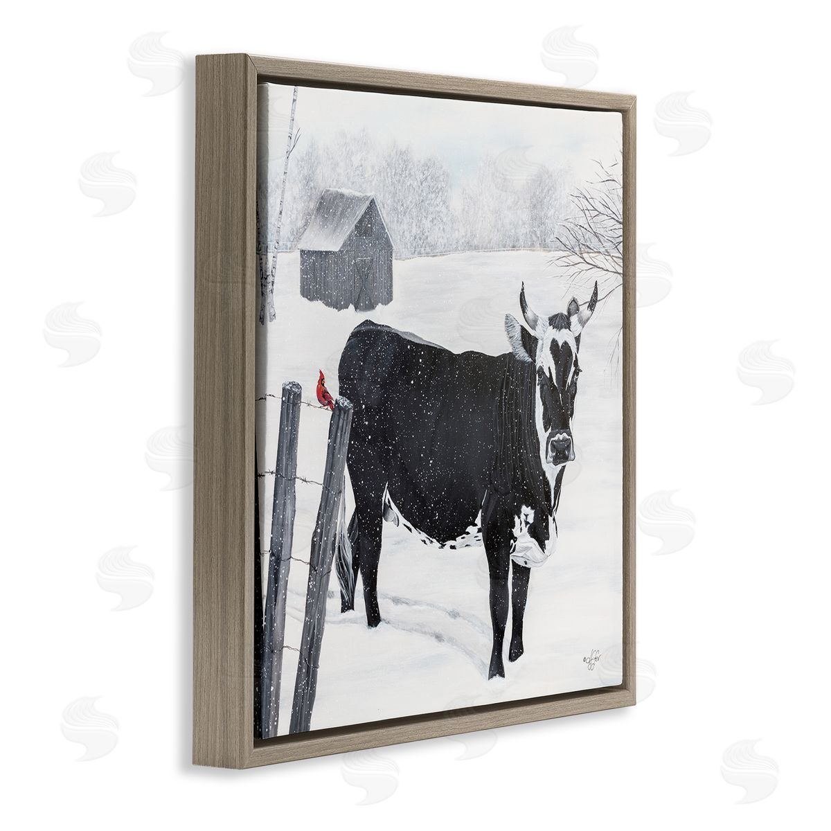 Diane Fifer Black Farm Cow Niveous Snow Covered Field Brown Floating Frame Canvas Wall Art Print