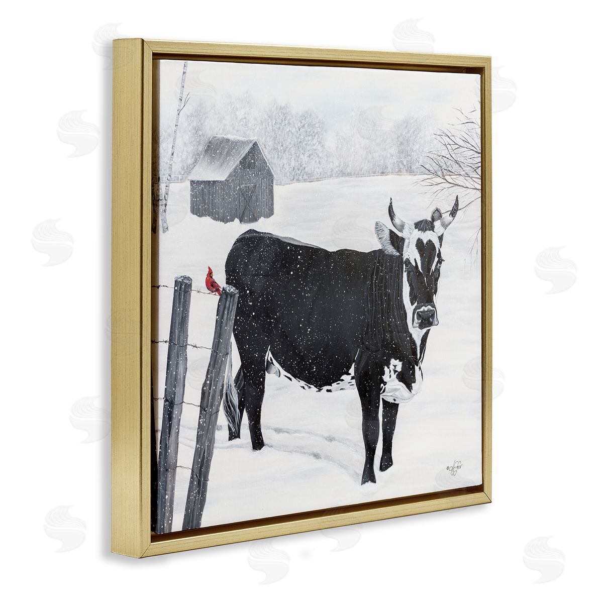 Diane Fifer Black Farm Cow Niveous Snow Covered Field Gold Floating Frame Canvas Wall Art Print