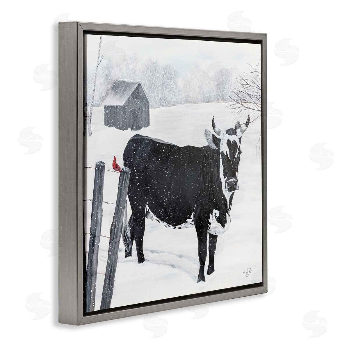 Diane Fifer Black Farm Cow Niveous Snow Covered Field Gray Floating Frame Canvas Wall Art Print
