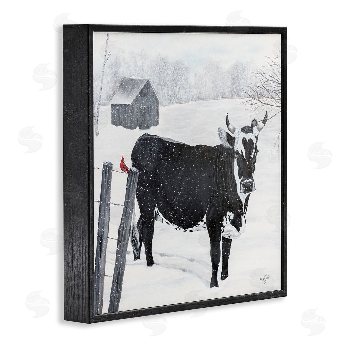 Diane Fifer Black Farm Cow Niveous Snow Covered Field Black Framed Glicee Wall Art Print