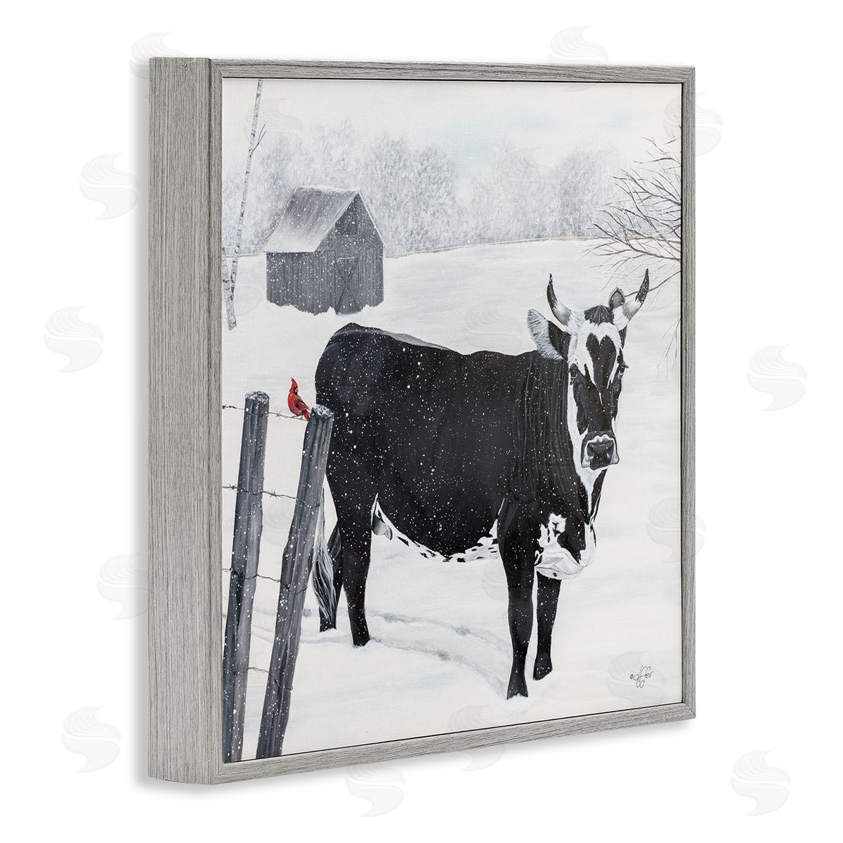 Diane Fifer Black Farm Cow Niveous Snow Covered Field Gray Framed Glicee Wall Art Print