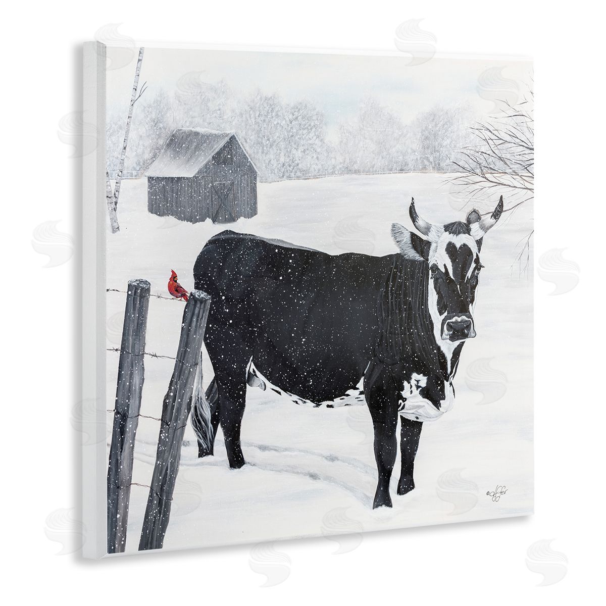 Diane Fifer Black Farm Cow Niveous Snow Covered Field Wooden Wall Plaque Art Print