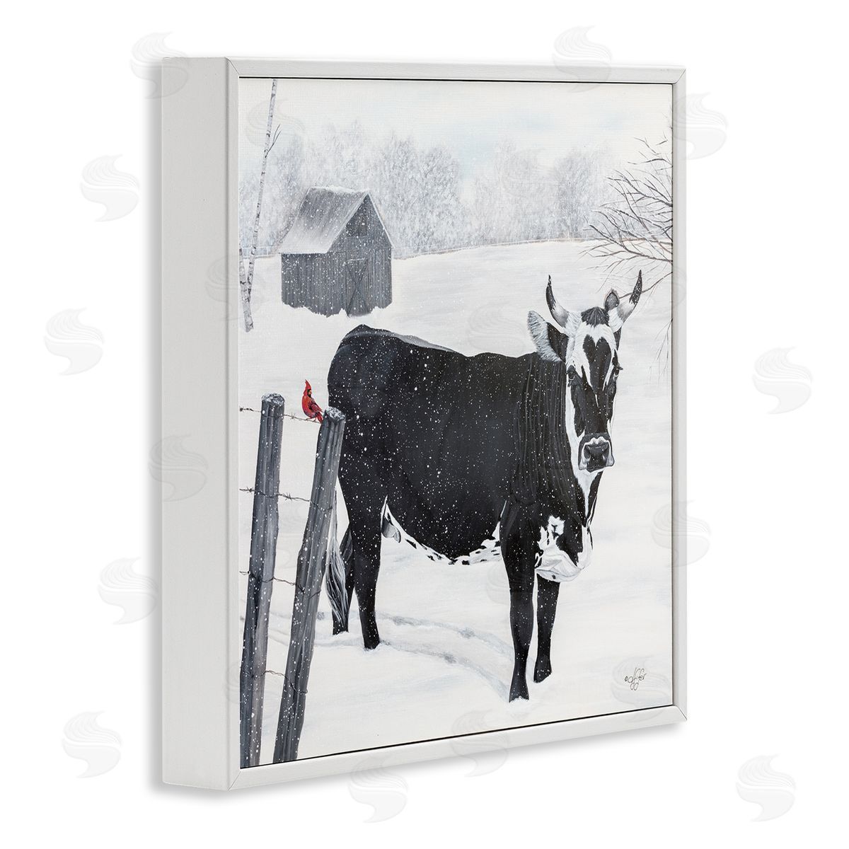Diane Fifer Black Farm Cow Niveous Snow Covered Field White Framed Glicee Wall Art Print