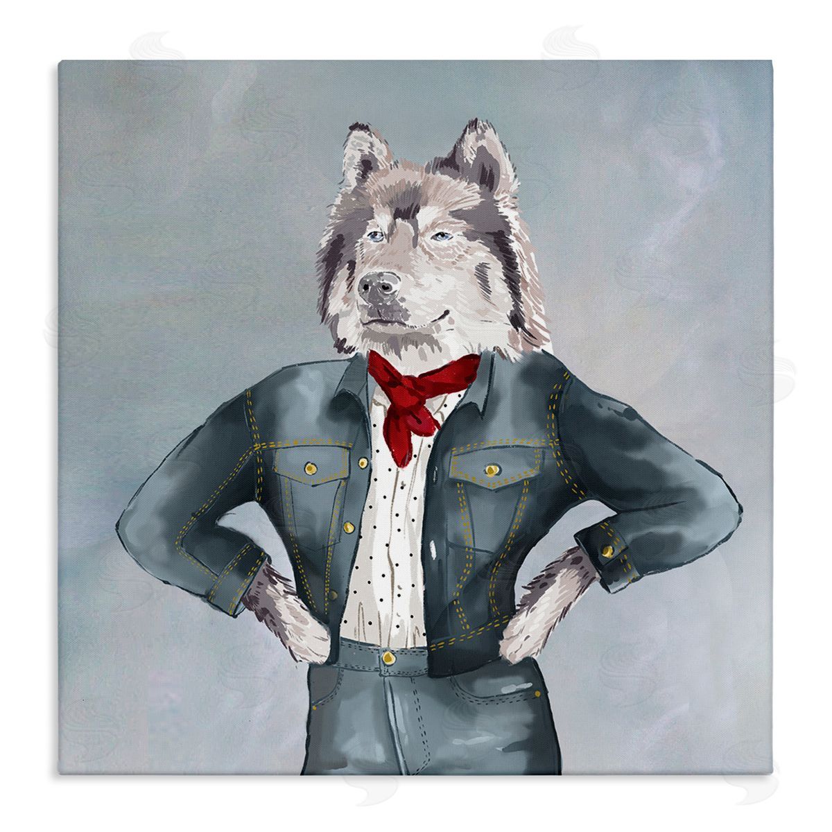 House of Rose Trendy Wolf Stylish Denim Outfit Fashion Animal Stretched Canvas Wall Art Print