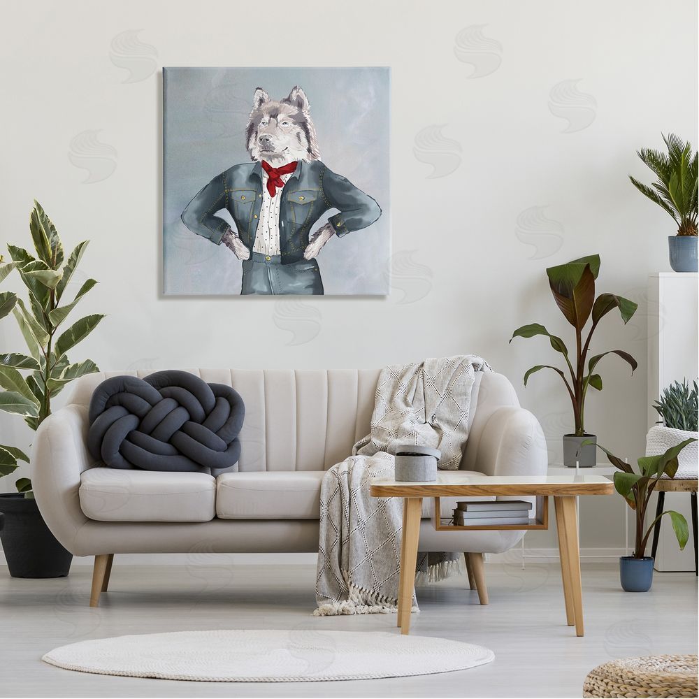 House of Rose Trendy Wolf Stylish Denim Outfit Fashion Animal Canvas Wall Art in Room