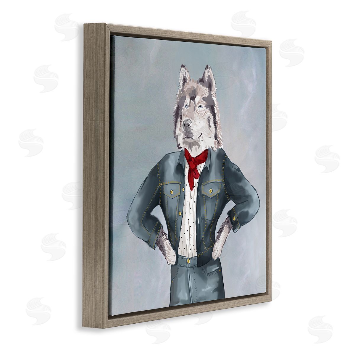 House of Rose Trendy Wolf Stylish Denim Outfit Fashion Animal Brown Floating Frame Canvas Wall Art Print