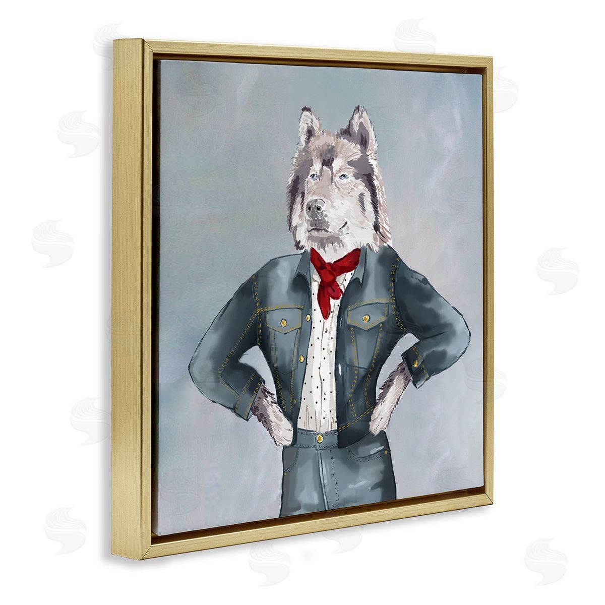 House of Rose Trendy Wolf Stylish Denim Outfit Fashion Animal Gold Floating Frame Canvas Wall Art Print