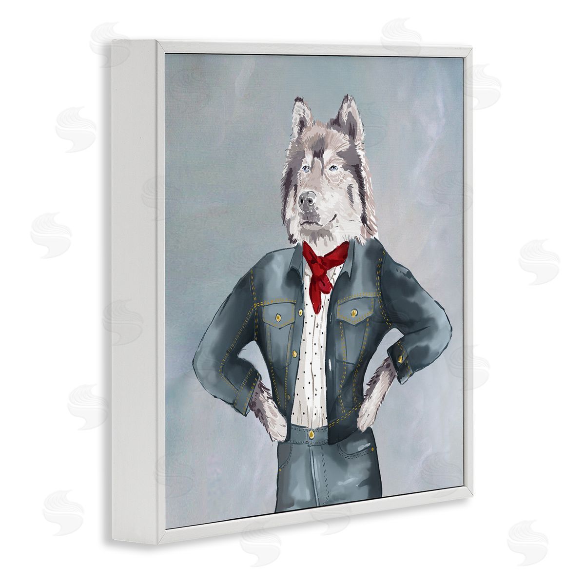 House of Rose Trendy Wolf Stylish Denim Outfit Fashion Animal White Framed Glicee Wall Art Print