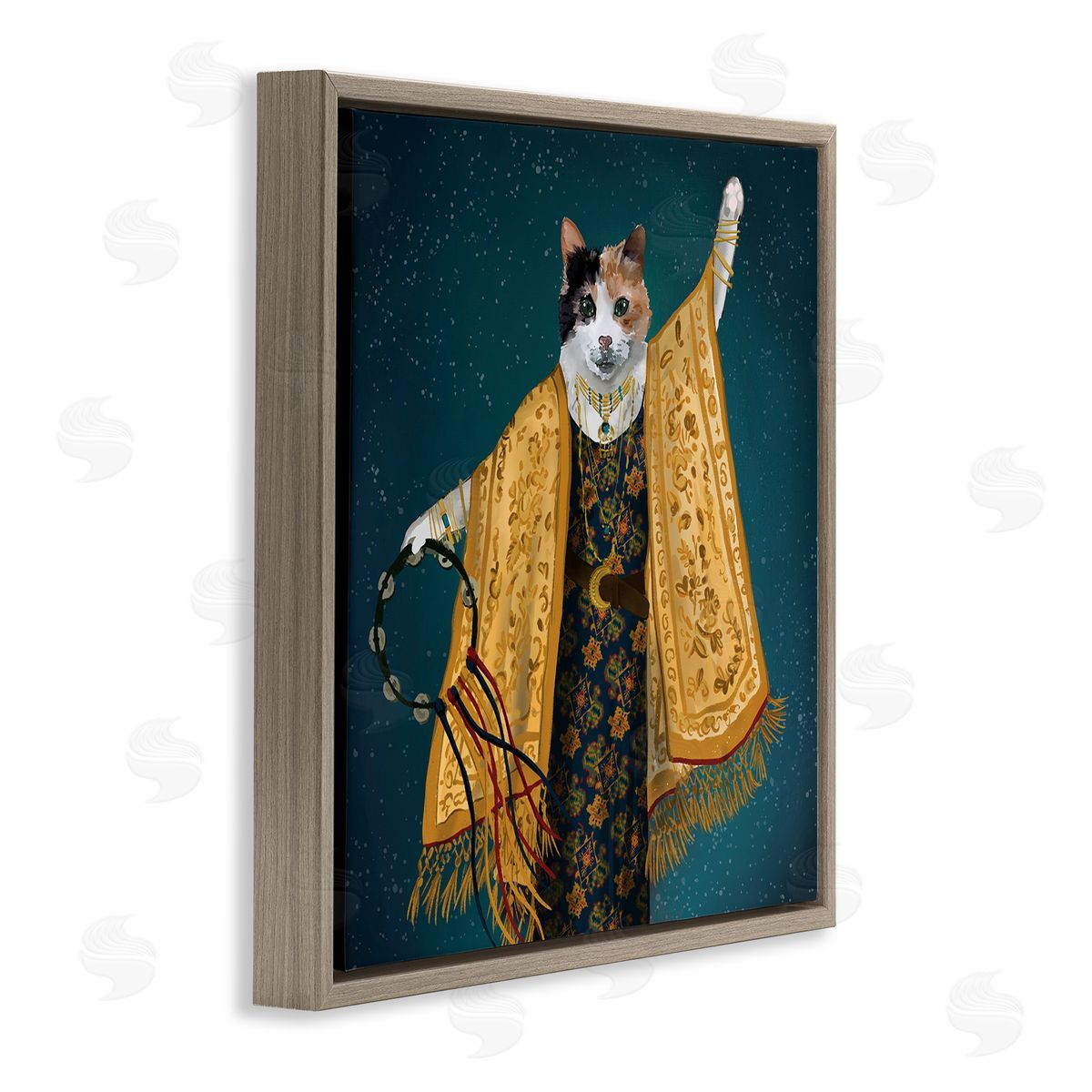 House of Rose Fashionable Cat Traditional Patterned Boho Clothing Portrait Brown Floating Frame Canvas Wall Art Print