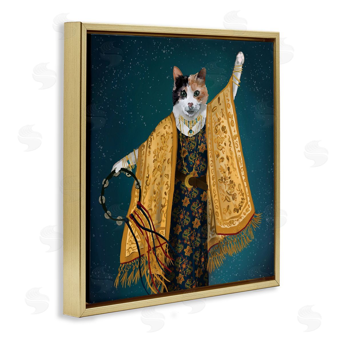 House of Rose Fashionable Cat Traditional Patterned Boho Clothing Portrait Gold Floating Frame Canvas Wall Art Print