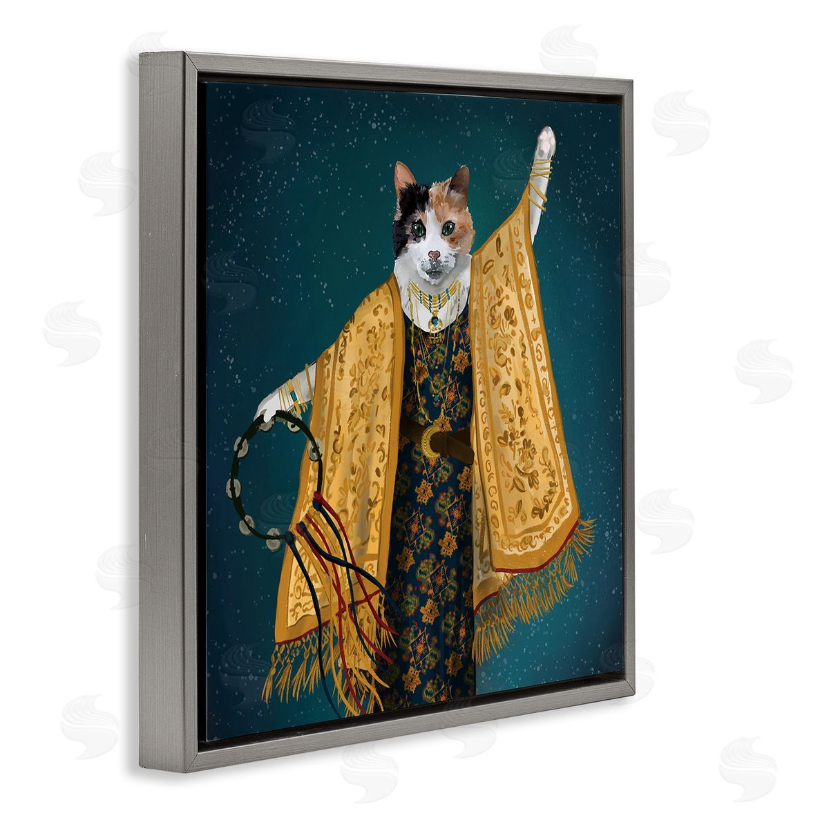 House of Rose Fashionable Cat Traditional Patterned Boho Clothing Portrait Gray Floating Frame Canvas Wall Art Print