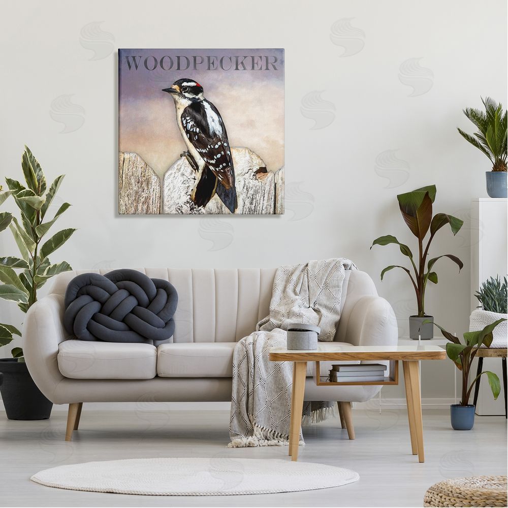 Alpenglow Workshop Woodpecker Bird Perched on Fence Breed Typography Design Canvas Wall Art in Room