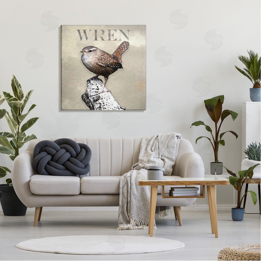 Alpenglow Workshop Wren Bird Standing Casual Nature Breed Typography Canvas Wall Art in Room