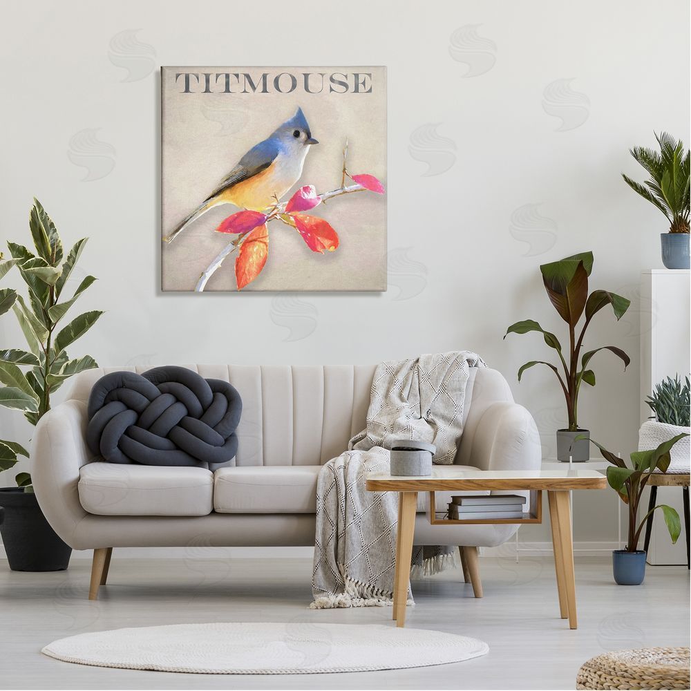 Alpenglow Workshop Titmouse Bird Perched Vivid Plant Leaves Typography Canvas Wall Art in Room
