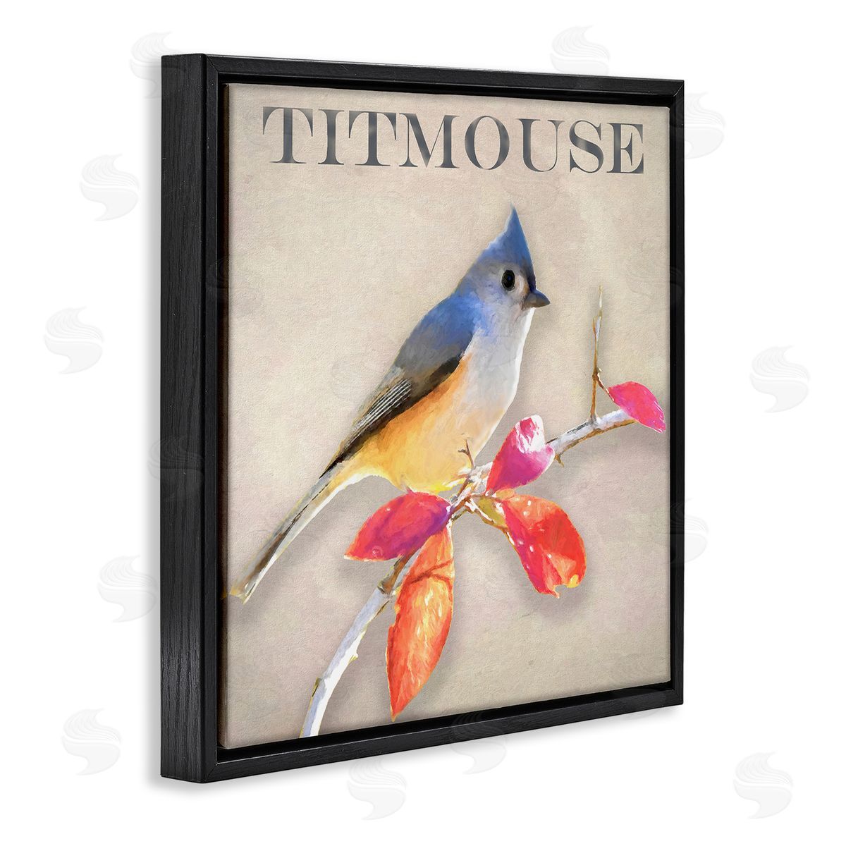Alpenglow Workshop Titmouse Bird Perched Vivid Plant Leaves Typography Black Floating Frame Canvas Wall Art Print