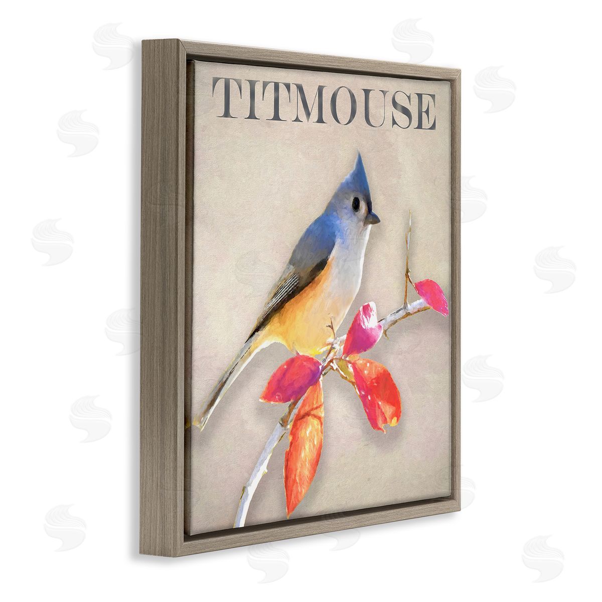 Alpenglow Workshop Titmouse Bird Perched Vivid Plant Leaves Typography Brown Floating Frame Canvas Wall Art Print