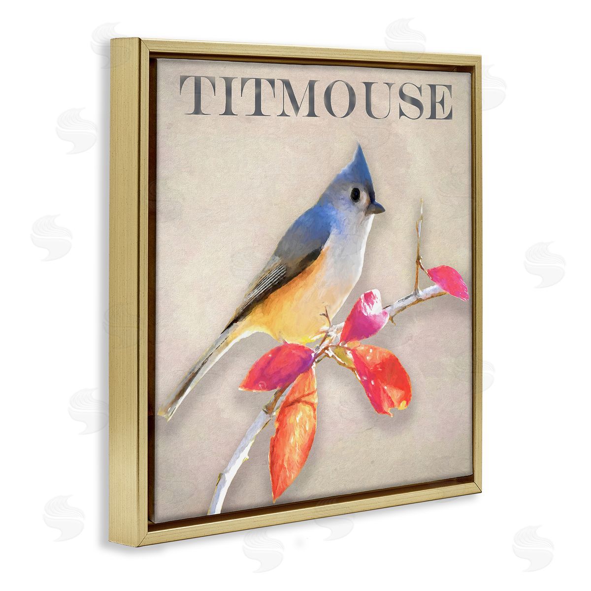 Alpenglow Workshop Titmouse Bird Perched Vivid Plant Leaves Typography Gold Floating Frame Canvas Wall Art Print