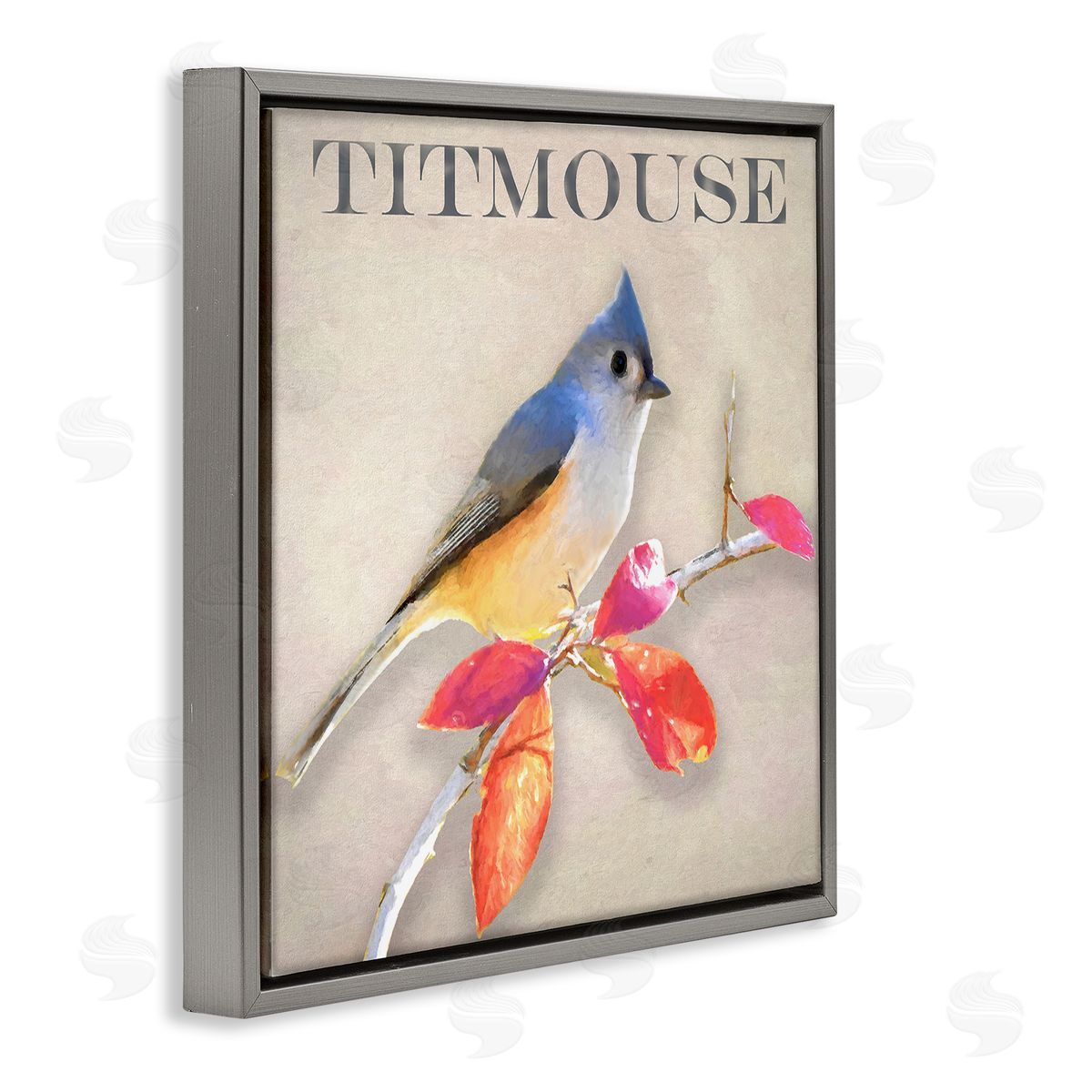 Alpenglow Workshop Titmouse Bird Perched Vivid Plant Leaves Typography Gray Floating Frame Canvas Wall Art Print