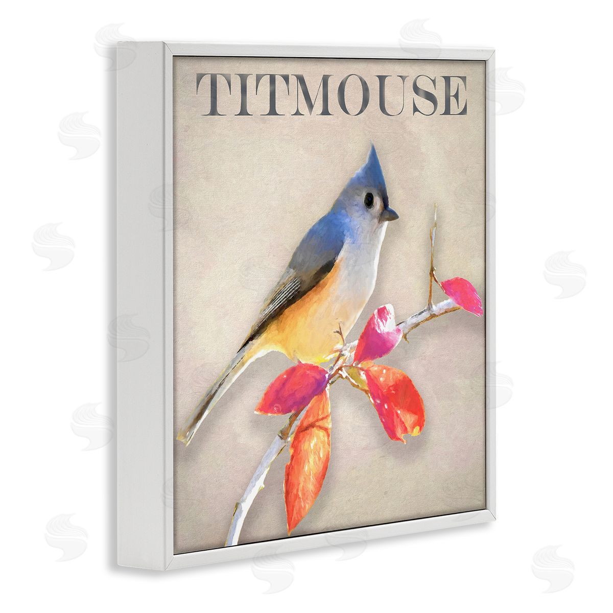 Alpenglow Workshop Titmouse Bird Perched Vivid Plant Leaves Typography White Framed Glicee Wall Art Print