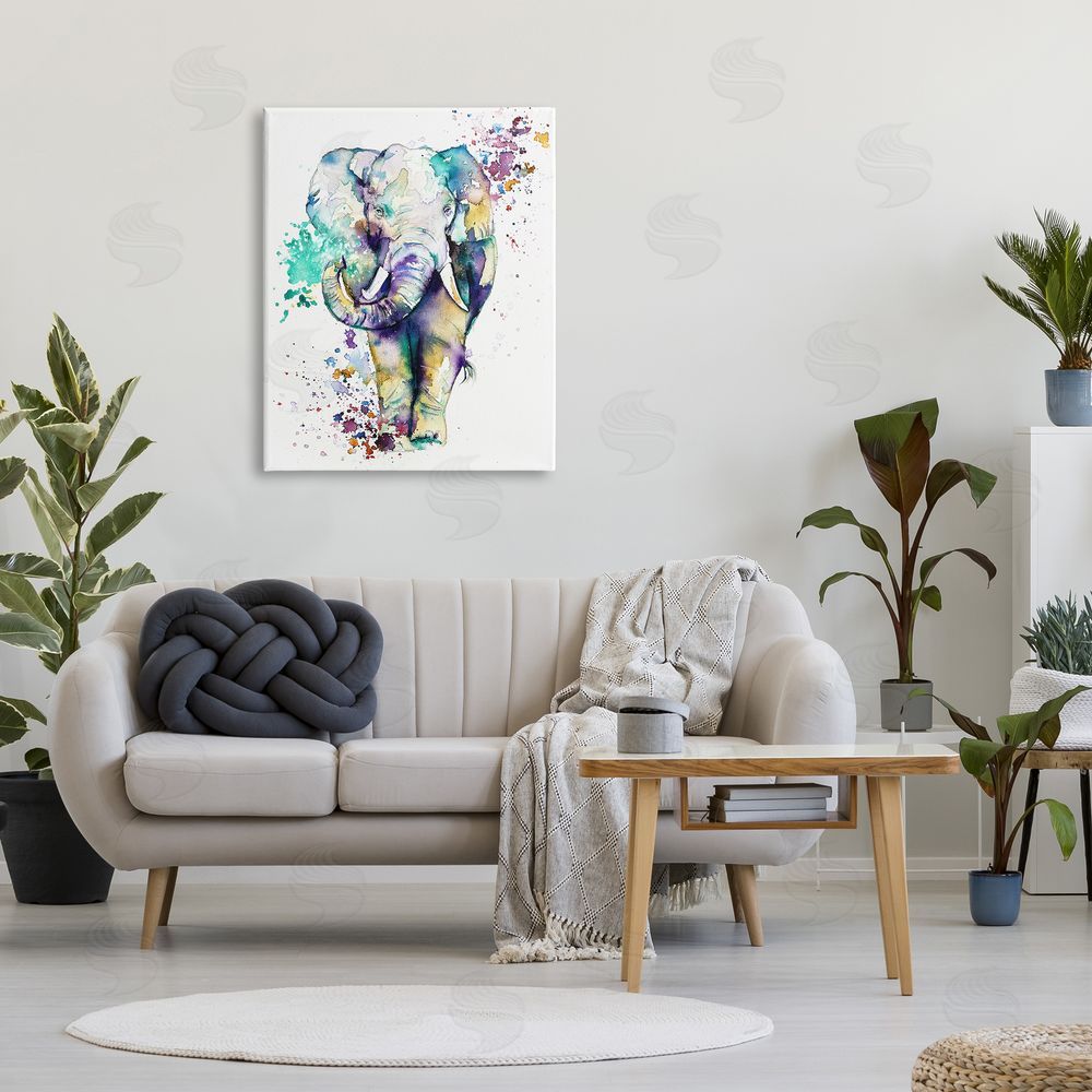Emma Catherine Debs Street Speckled Elephant Paint Splatter Animal Canvas Wall Art Print in Room