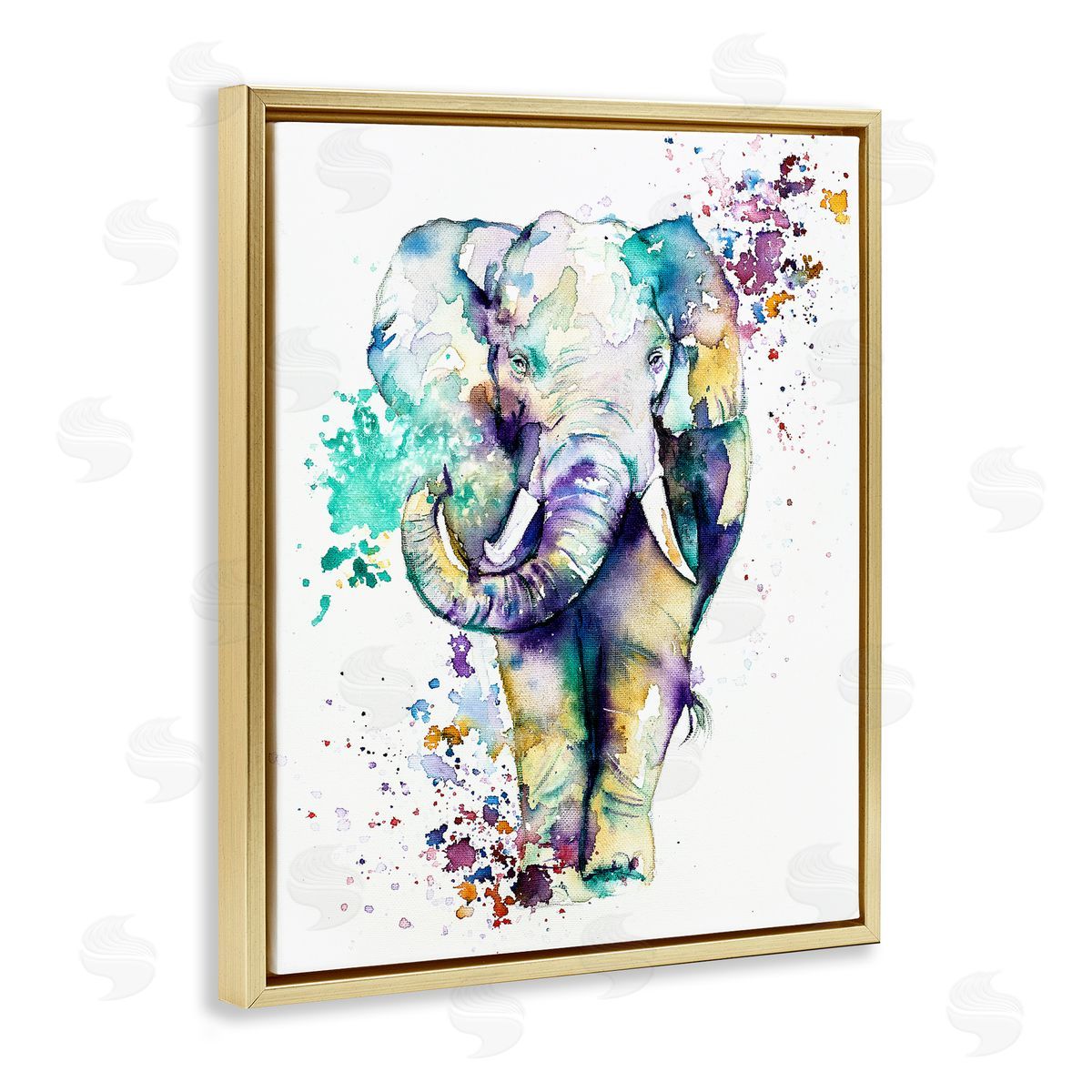 Emma Catherine Debs Street Speckled Elephant Paint Splatter Animal Gold Floating Frame Canvas Wall Art Print