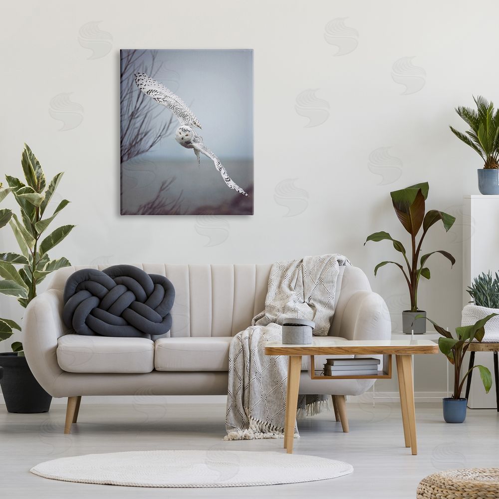 Carrie Ann Grippo-Pike Majestic Snowy Owl Flying Wingspan Wildlife Photography Canvas Wall Art Print in Room