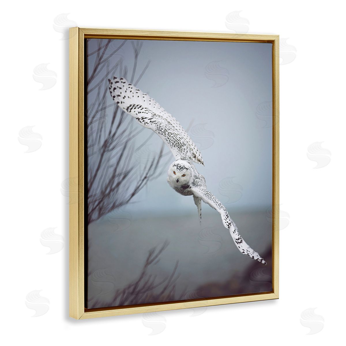 Carrie Ann Grippo-Pike Majestic Snowy Owl Flying Wingspan Wildlife Photography Gold Floating Frame Canvas Wall Art Print