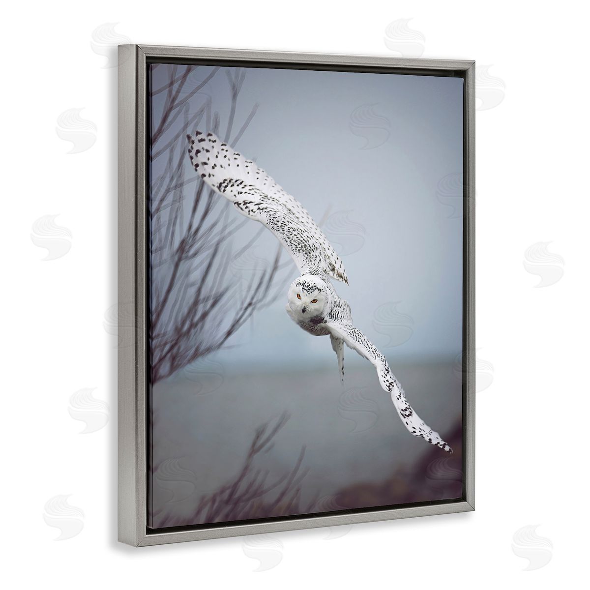 Carrie Ann Grippo-Pike Majestic Snowy Owl Flying Wingspan Wildlife Photography Gray Floating Frame Canvas Wall Art Print