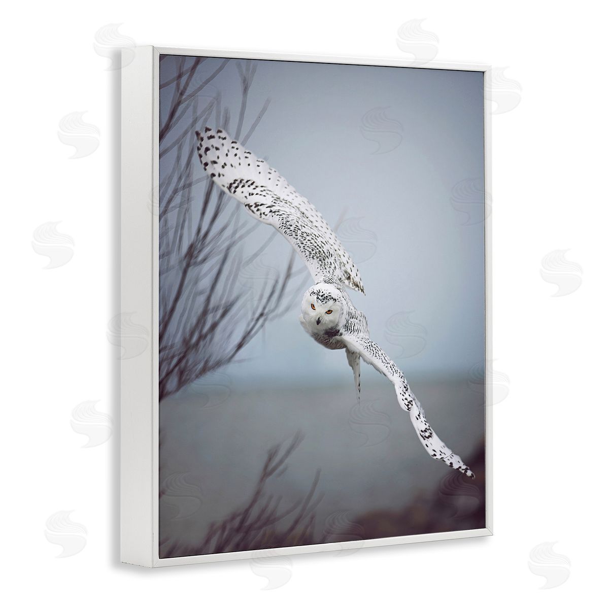 Carrie Ann Grippo-Pike Majestic Snowy Owl Flying Wingspan Wildlife Photography White Framed Giclee Wall Art Print
