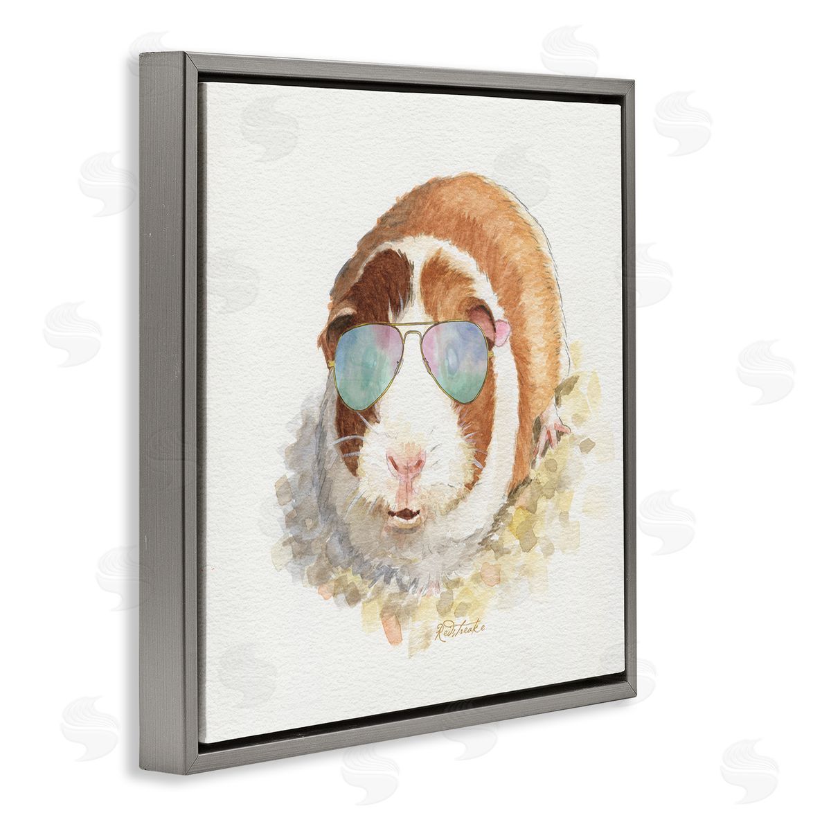Jennifer Redstreake Happy Guinea Pig Wearing Sunglasses Cheerful Watercolor Detail Gray Floating Frame Canvas Wall Art Print