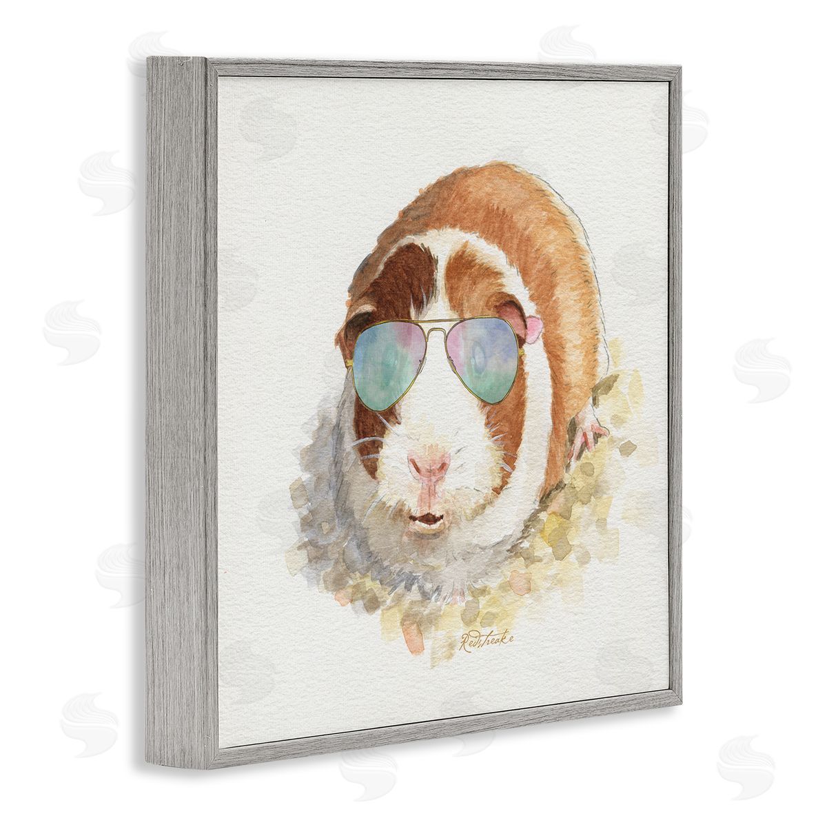 Jennifer Redstreake Happy Guinea Pig Wearing Sunglasses Cheerful Watercolor Detail Gray Framed Glicee Wall Art Print