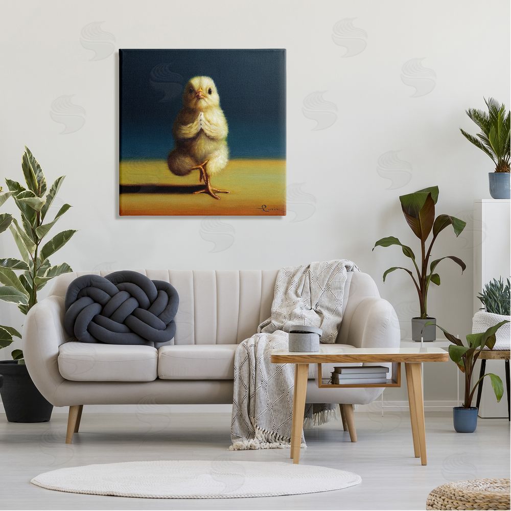Lucia Heffernan Yellow Chick Meditating Yoga Pose Animal Fitness Canvas Wall Art in Room