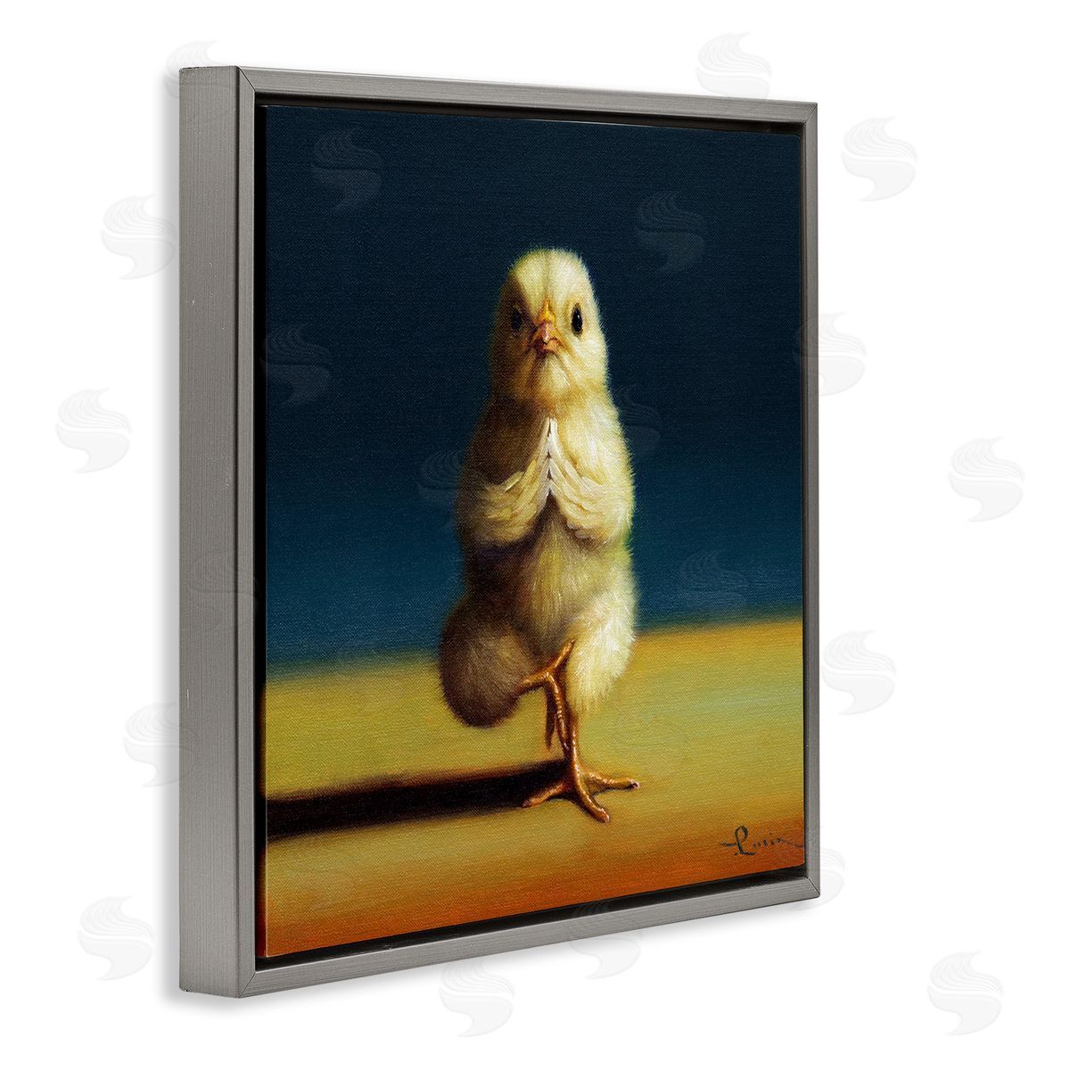 Lucia Heffernan Yellow Chick Meditating Yoga Pose Animal Fitness Gray Floating Frame Canvas Wall Art Print