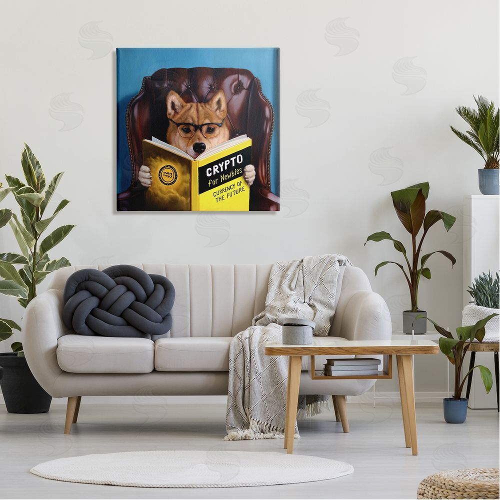 Lucia Heffernan Crypto For Newbies Funny Dog Reading Book Armchair  Canvas Wall Art in Room