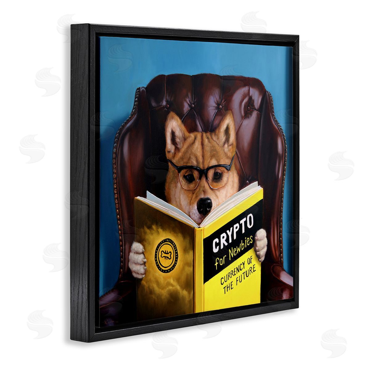 Lucia Heffernan Crypto For Newbies Funny Dog Reading Book Armchair  Black Floating Frame Canvas Wall Art Print